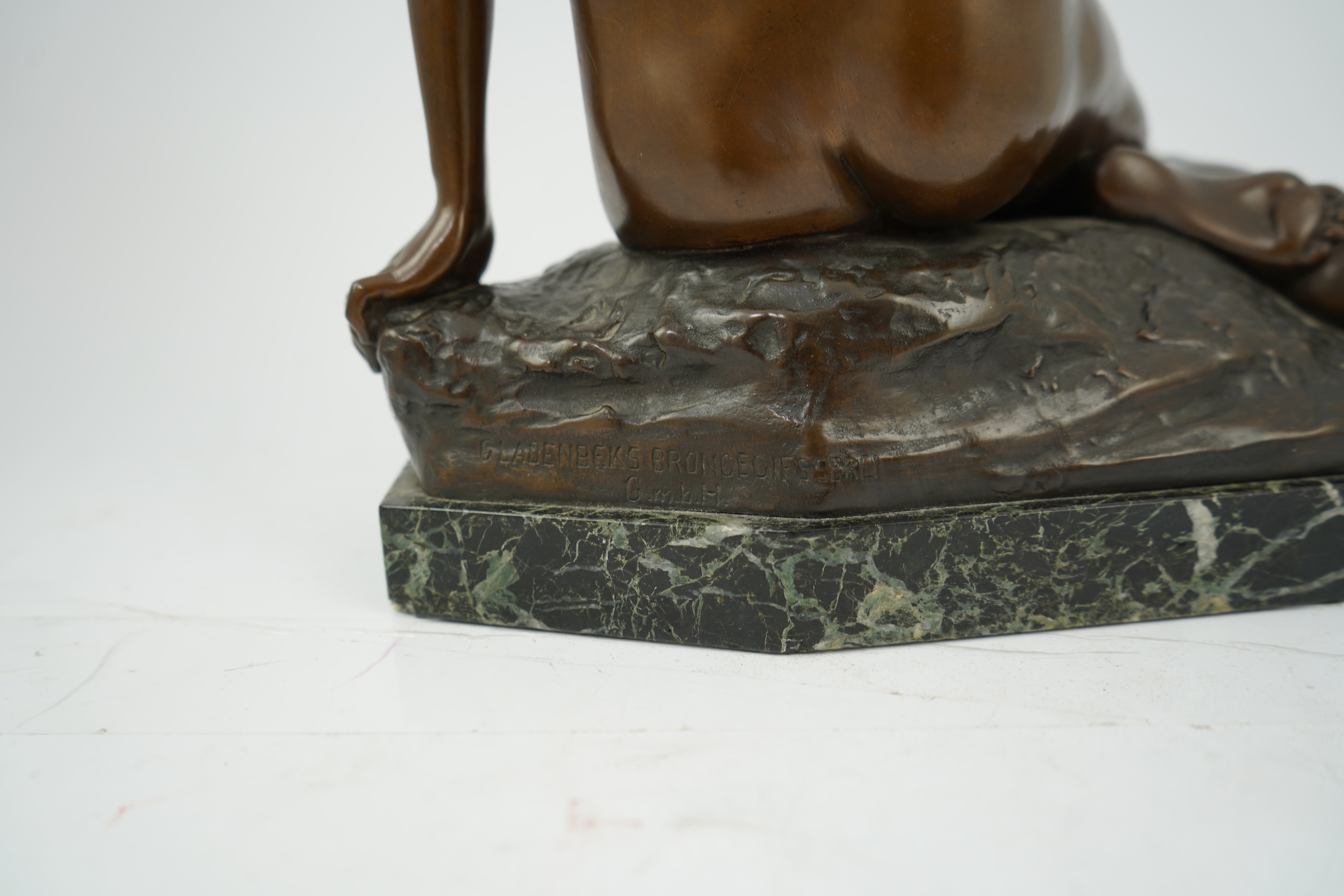 After Arnold Katsch (German, b.1861), an Art Nouveau bronze figure of Psyche, with foundry mark to reverse ‘Gladenbeks Bronceciesserei’, on serpentine marble base, missing butterfly from hand, 34cm